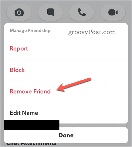 Option zum Entfernen eines Snapchat-Freundes