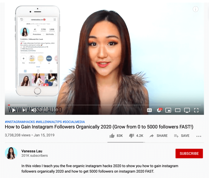 Vanessa Lau YouTube-Video über organische Hacks auf Instagram