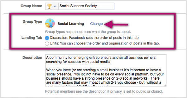 Klicken Sie auf den Link Ändern neben der vorhandenen Gruppentypklassifizierung und wählen Sie Soziales Lernen.