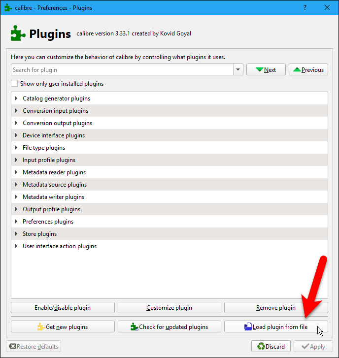 Klicken Sie im Dialogfeld Plugins in Calibre auf Plugin aus Datei laden