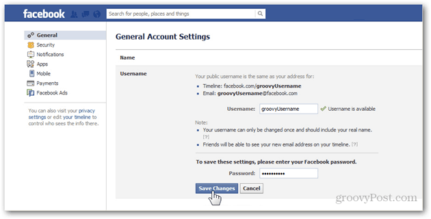 Einstellungen für allgemeine Facebook-Kontoeinstellungen Verwalten des allgemeinen Benutzernamens Benutzername Passwort Speichern von Änderungen bestätigen