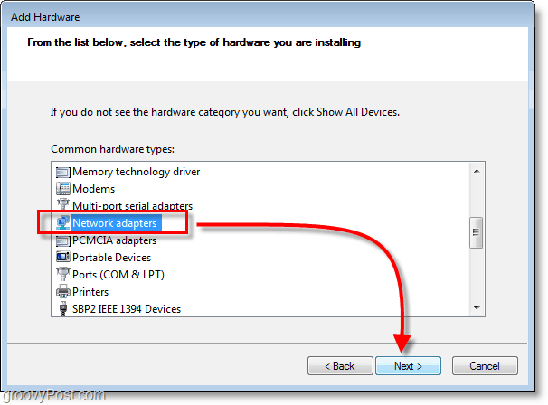 Windows 7-Netzwerk-Screenshot - Wählen Sie Netzwerkadapter aus