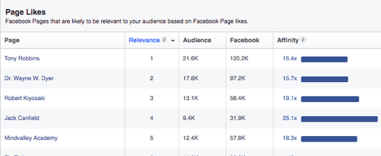 Facebooks Audience Insights bietet eine Liste von Seiten, die Ihrem Publikum aufgrund seiner Interessen gefallen könnten. 