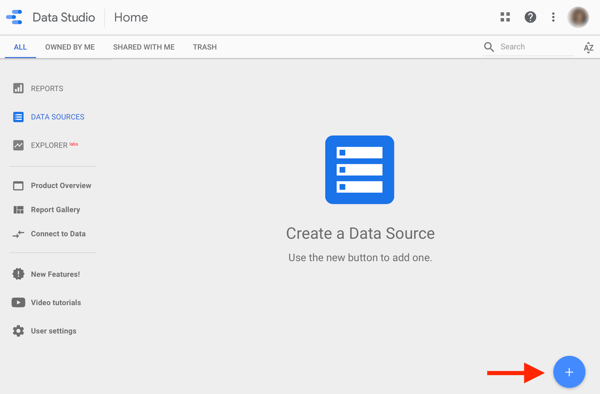 Verwenden Sie Google Data Studio, um Ihre Facebook-Anzeigen zu analysieren. Schritt 1: Option zum Erstellen einer Datenquelle in Google Data Studio