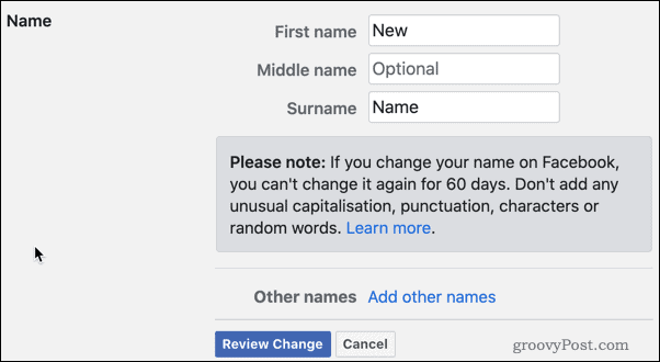 Überprüfen Sie die Änderungen des Facebook-Namens