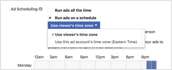 Wählen Sie die Option "Zeitzone des Viewers verwenden" für Ihre Facebook-Kampagne.