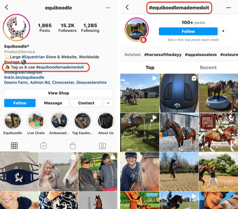 Beispiel für Marken-Hashtag und CTA für UGC in Instagram Business Bio
