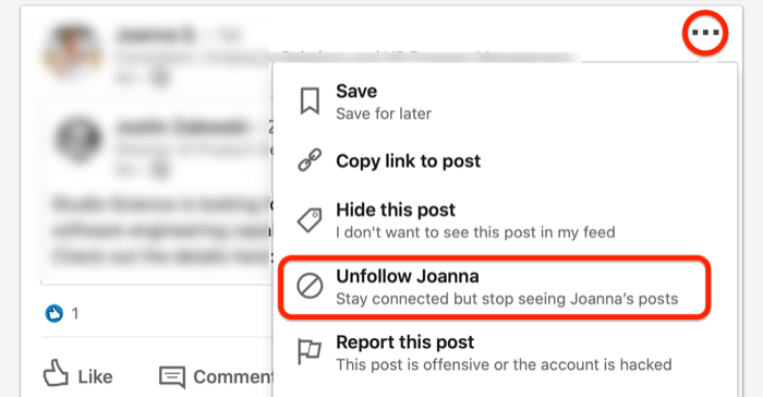 Screenshot der... Dropdown-Menü für einen LinkedIn-Beitrag mit der rot eingekreisten Option "Nicht folgen"