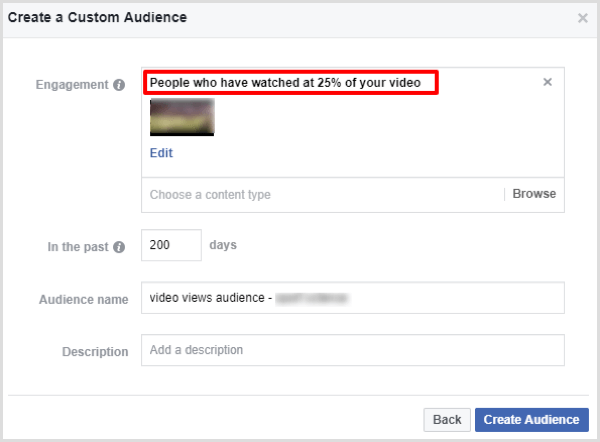 Facebook erstellen Video Engagement benutzerdefinierte Zielgruppe