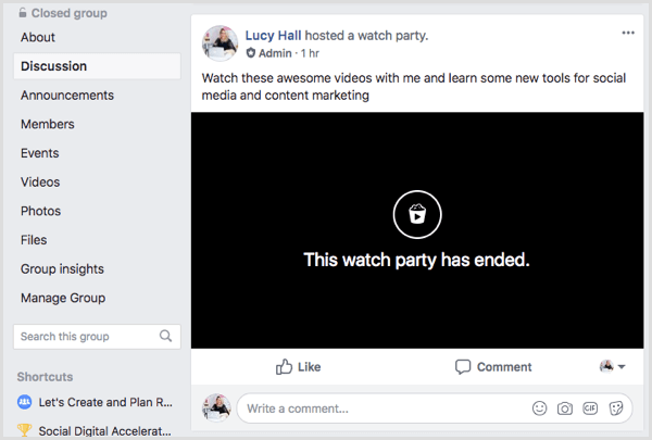 Ein Facebook Watch Party Post im Gruppenfeed.