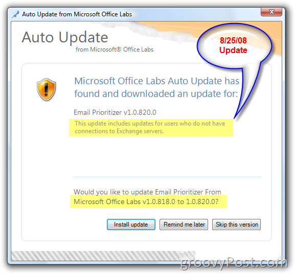 Screenshot der automatischen Aktualisierung von Microsoft Office Labs:: groovyPost.com