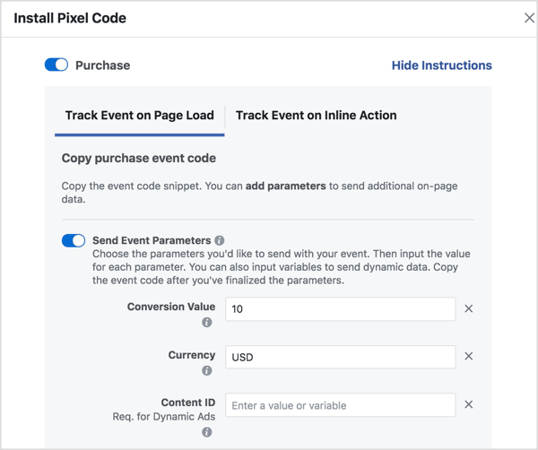 Legen Sie Parameter fest, um den von Ihnen benötigten Facebook-Ereigniscode zu generieren.