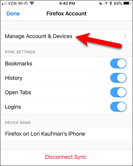 Tippen Sie in Firefox für iOS auf Konto und Geräte verwalten