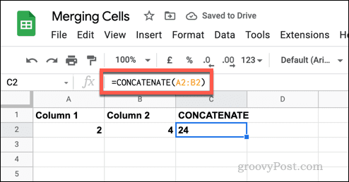 Ein Beispiel für eine einfache CONCATENATE-Formel in Google Sheets