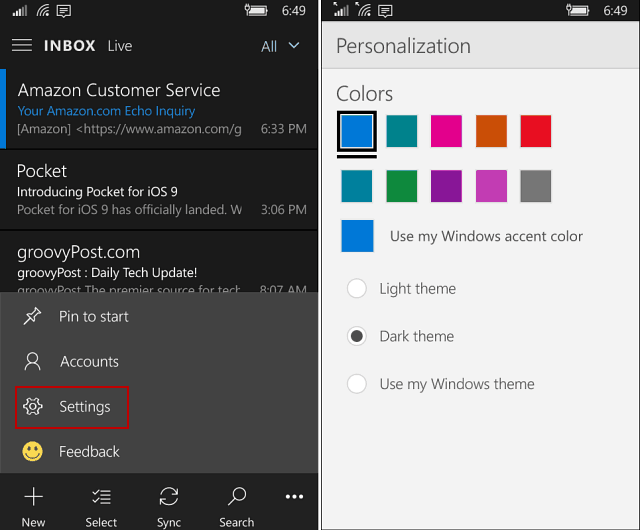 Die Outlook Mail- und Kalender-App unter Windows 10 Mobile erhält ein dunkles Thema