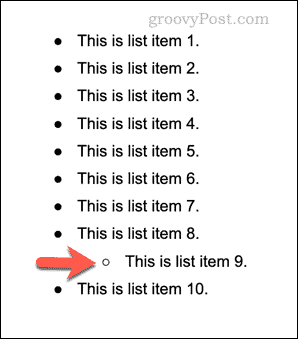 Ein Beispiel für eine mehrstufige Liste in Google Docs
