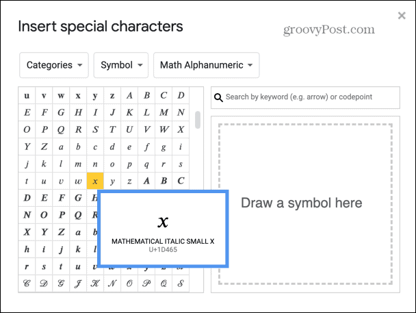 Google Slides Algebra-Buchstaben auswählen