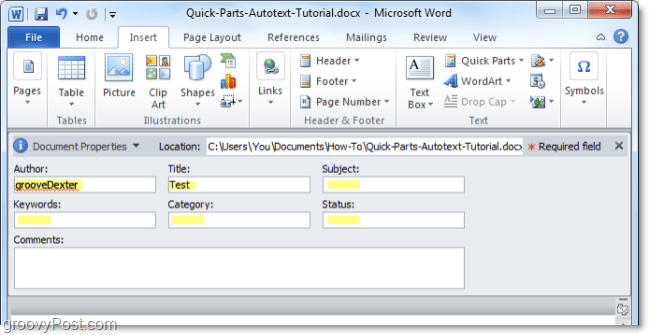 Passen Sie die Dokumenteigenschaften im Dokumentbereich in Word 2010 an