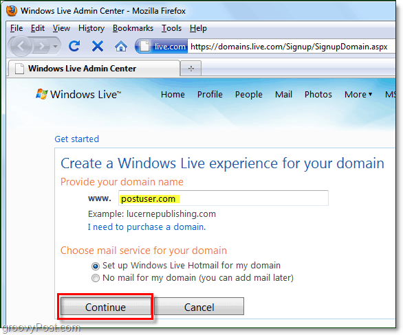 Geben Sie Ihren Domainnamen für Windows Live an