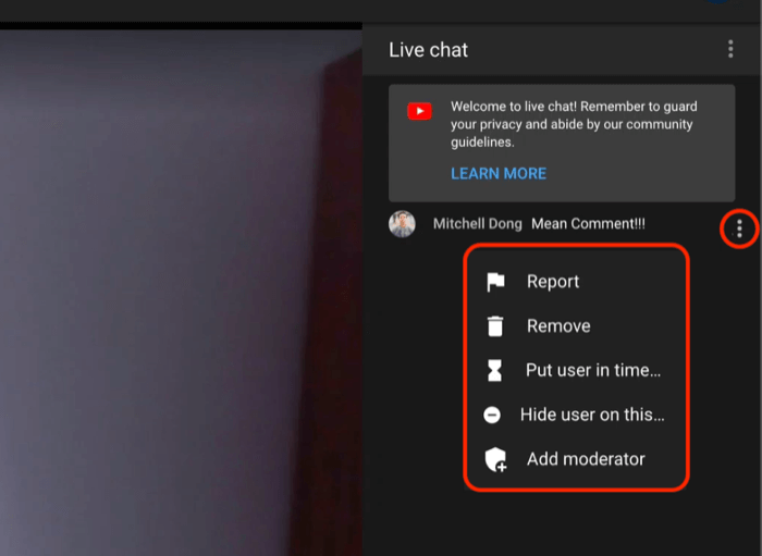 Moderationsoptionen für YouTube-Live-Chat-Kommentare, um den Kommentar zu melden oder zu entfernen, den Benutzer in eine Zeitüberschreitung zu versetzen, den Benutzer im Kanal auszublenden oder dem Chat einen Moderator hinzuzufügen
