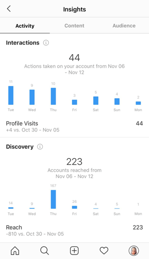 Beispiel für Instagram-Einblicke mit den Daten auf der Registerkarte Aktivität.