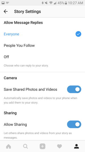 Verwenden Sie die Einstellungen, um Fotos und Videos, die Sie Ihrer Geschichte hinzufügen, automatisch auf Ihrem Smartphone zu speichern