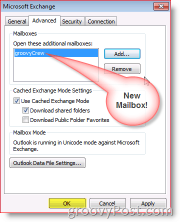 Outlook 2010-Screenshot Registerkarte "Erweitertes Postfach hinzufügen"
