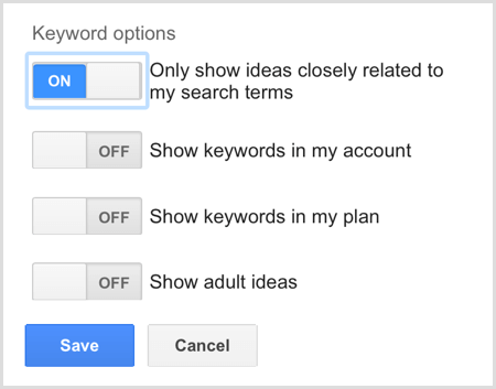 Google AdWords Keyword Planner sucht nach Keyword-Optionen