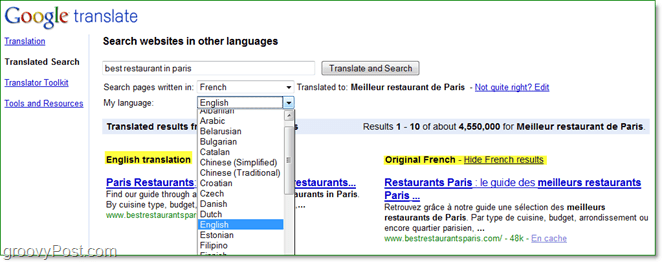 Suchen Sie nach Internetseiten in verschiedenen Sprachen und lesen Sie sie mit übersetztem Serach von Google in Ihren eigenen