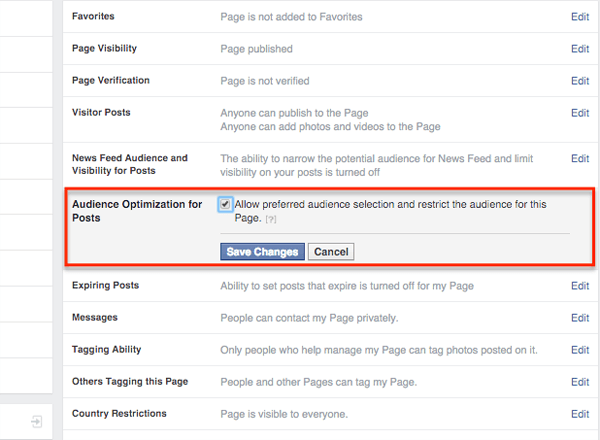 Facebook-Zielgruppenoptimierung für Posts-Einstellungen auf