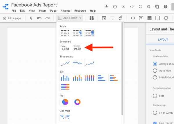 Verwenden Sie Google Data Studio, um Ihre Facebook-Anzeigen zu analysieren. Schritt 8: Option zum Auswählen des Scorecard-Diagramms in Google Data Studio