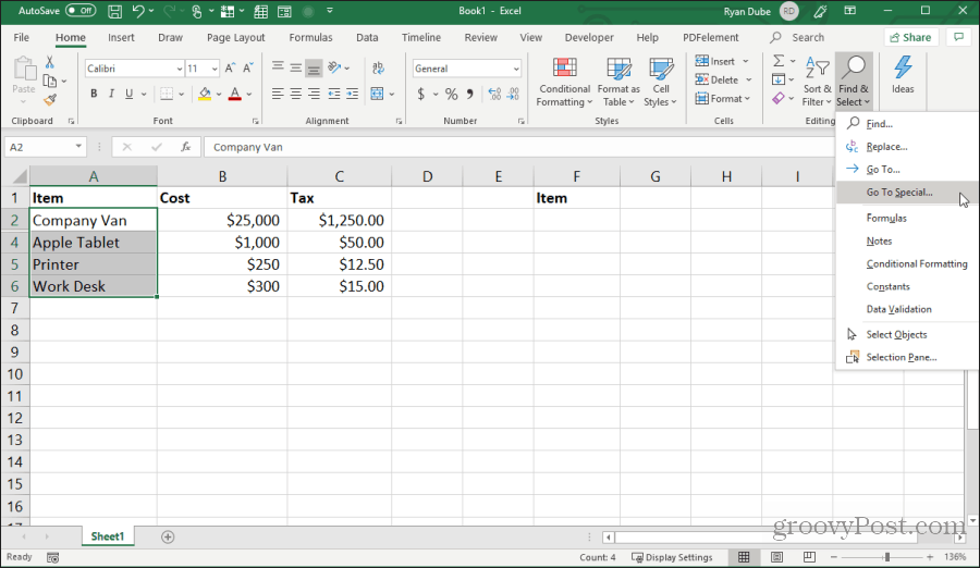 Auswahl gehen zu Spezial in Excel