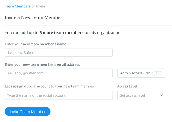 Detailbildschirm zum Einladen und Festlegen von Zugriffsebenen für Ihr Buffer-Teammitglied.