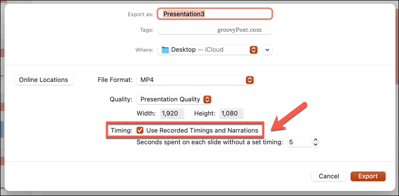 Verwenden aufgezeichneter Timings für ein exportiertes Video in PowerPoint auf dem Mac