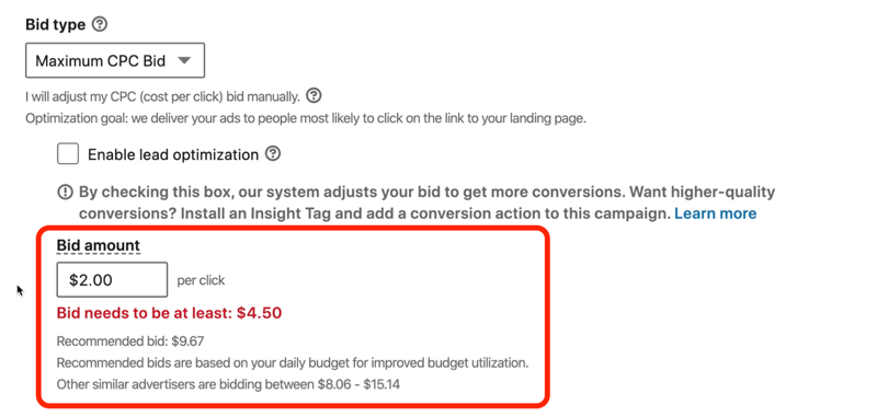 Screenshot der roten Nachricht mit der Aufschrift "LinkedIn-Gebot muss mindestens 4,50 USD betragen"