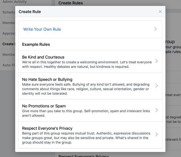 So verbessern Sie Ihre Facebook-Gruppengemeinschaft, Beispiel für vorab geschriebene Regeln für Facebook-Gruppen