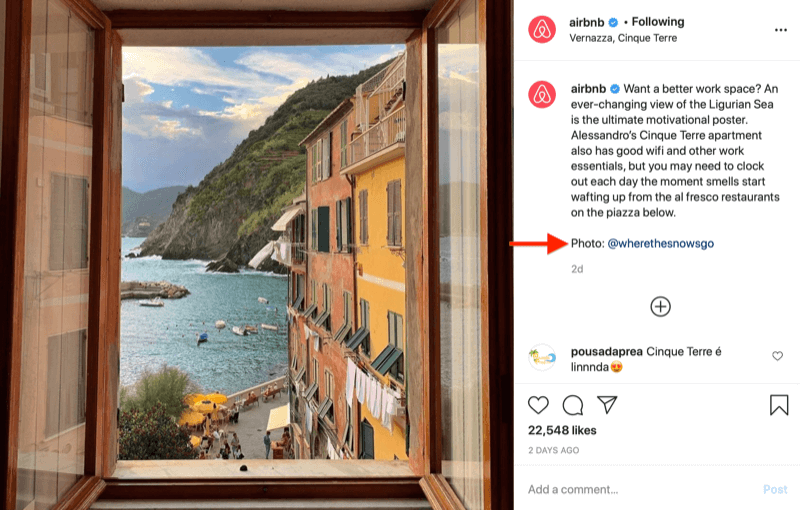 Instagram-Bild-Repost von @airbnb mit Bildnachweis an @wherethesnowsgo, wie im obigen Bild angefordert