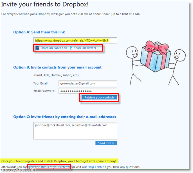 Dropbox-Screenshot - Viele Möglichkeiten, Ihre Einladungen für Dropbox freizugeben
