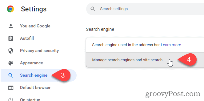 Klicken Sie auf dem Suchmaschinen-Bildschirm in Chrome auf Suchmaschinen und Website-Suche verwalten
