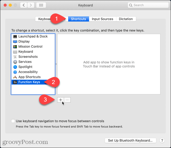 Klicken Sie im Bildschirm mit den Mac-Verknüpfungen auf das Plus-Symbol