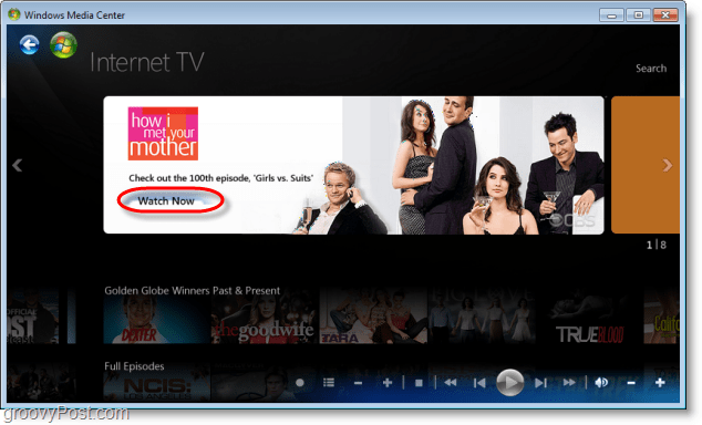 Windows 7 Media Center - Klicken Sie auf Jetzt ansehen, um Shows anzuzeigen oder sie zu durchsuchen 