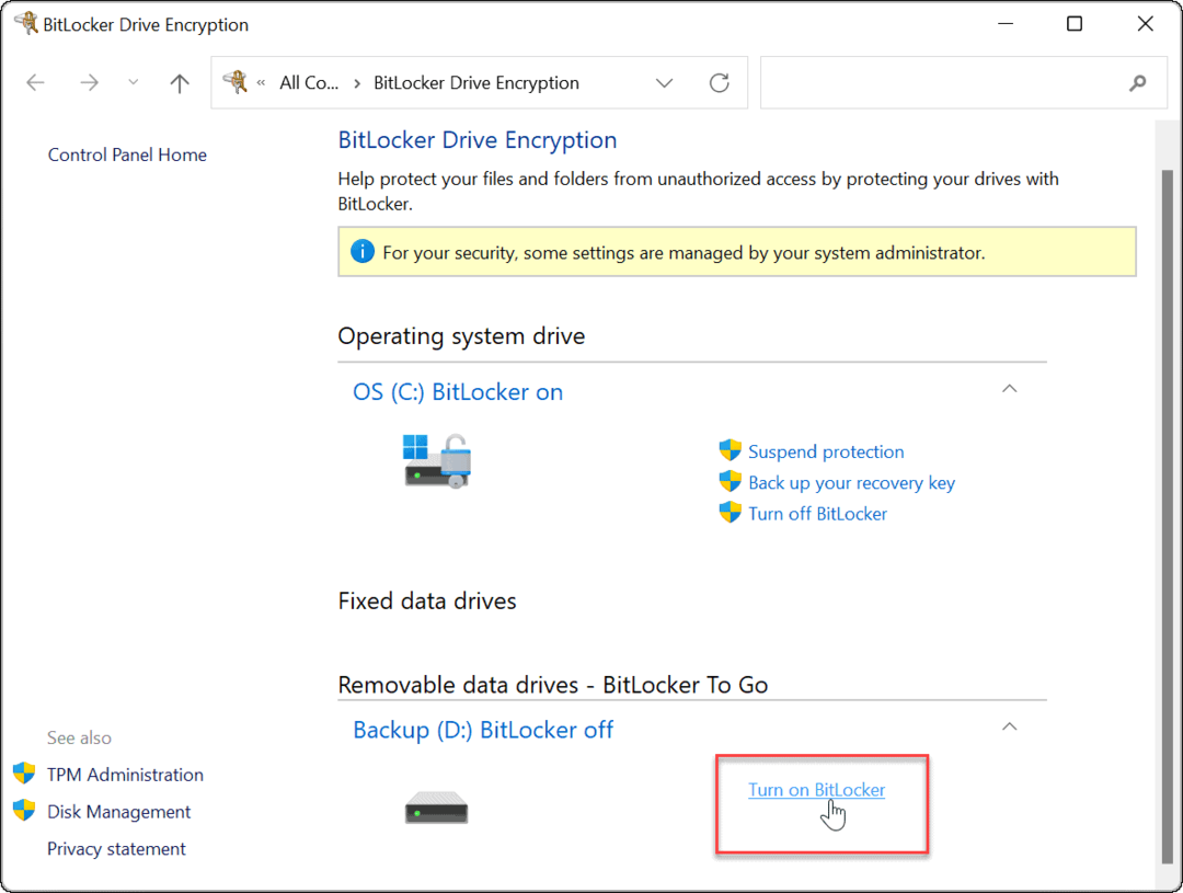 Schalten Sie BitLocker Windows 11 ein