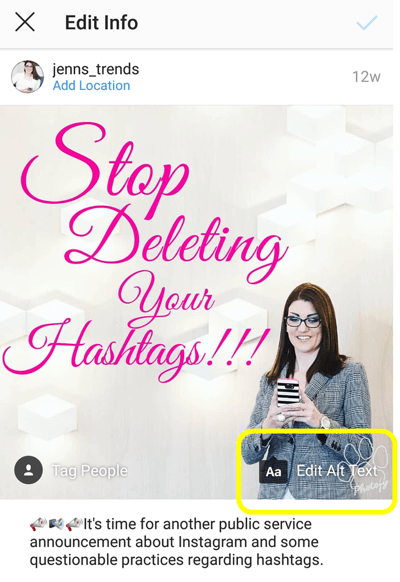 So fügen Sie Instagram-Posts Alternativtext hinzu, Schritt 6, Option zum Bearbeiten von Alternativtext für Ihren veröffentlichten Beitrag