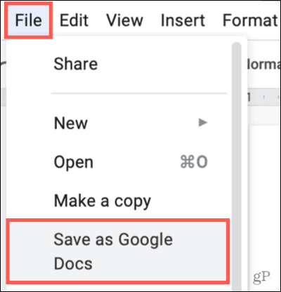Klicken Sie auf Datei, als Google Docs speichern