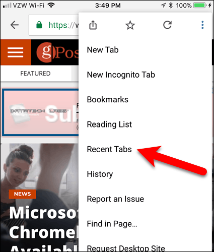Tippen Sie in Chrome auf Letzte Registerkarten