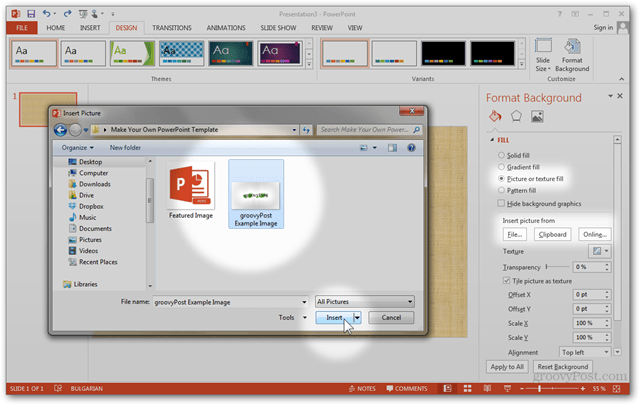 Office 2013-Vorlage Erstellen Benutzerdefiniertes Design erstellen POTX Folien anpassen Folien-Lernprogramm So stellen Sie sich eine Fototextur vor Füllen Sie die Import-Zwischenablage-Datei