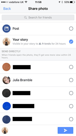 Auswählen, wo Ihre Facebook Story-Inhalte veröffentlicht werden sollen.