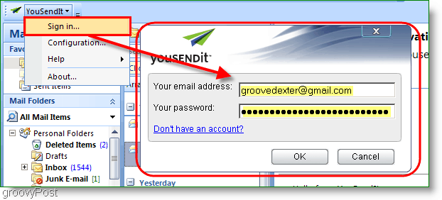YouSendIt-Konfigurationsbildschirm