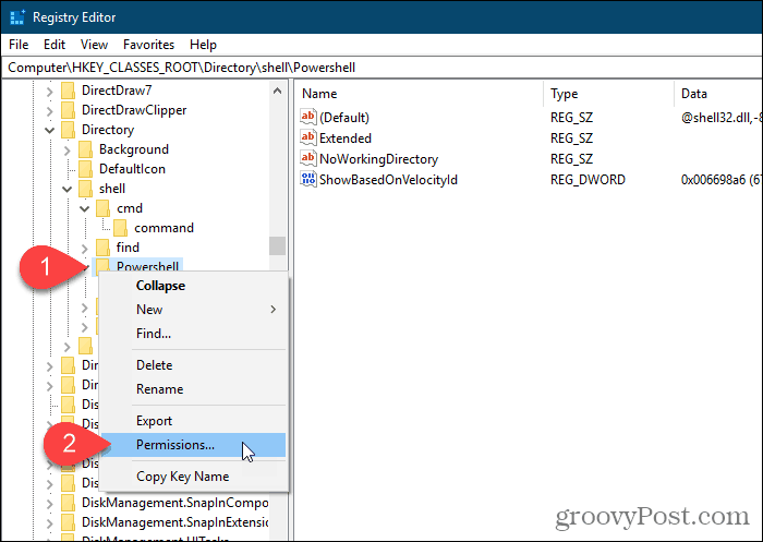 Wählen Sie im Windows-Registrierungseditor Berechtigungen für den Powershell-Schlüssel aus