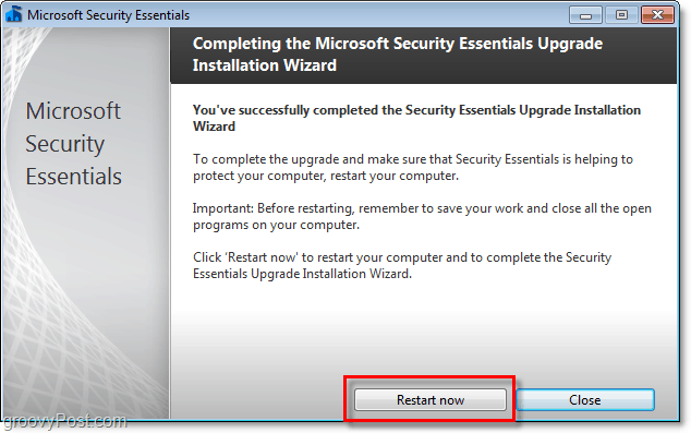 Starten Sie den Computer neu, um die Beta-Installation von Microsoft Security Essentials 2.0 abzuschließen